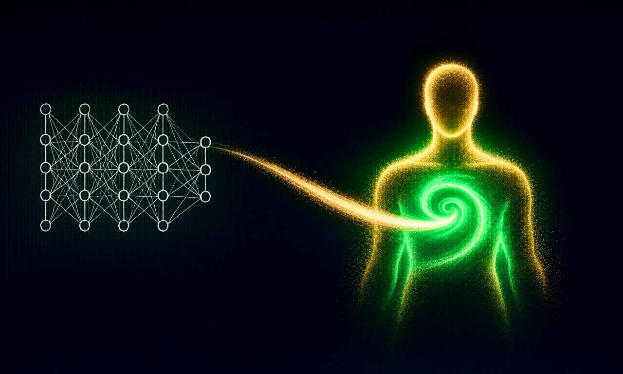 左侧老式蓝图上的神经网络线稿，一道金色粒子弧线汇入右侧由金色粒子构成的人形胸口，在那里化作一枚绿色发光的网络器官——判别模型从主角重生为 Agent 的器官