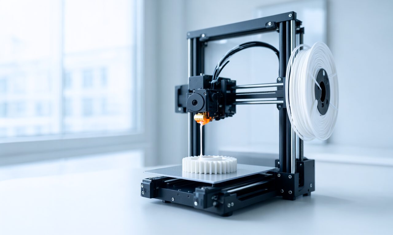 现代桌面 3D 打印机逐层打印白色齿轮