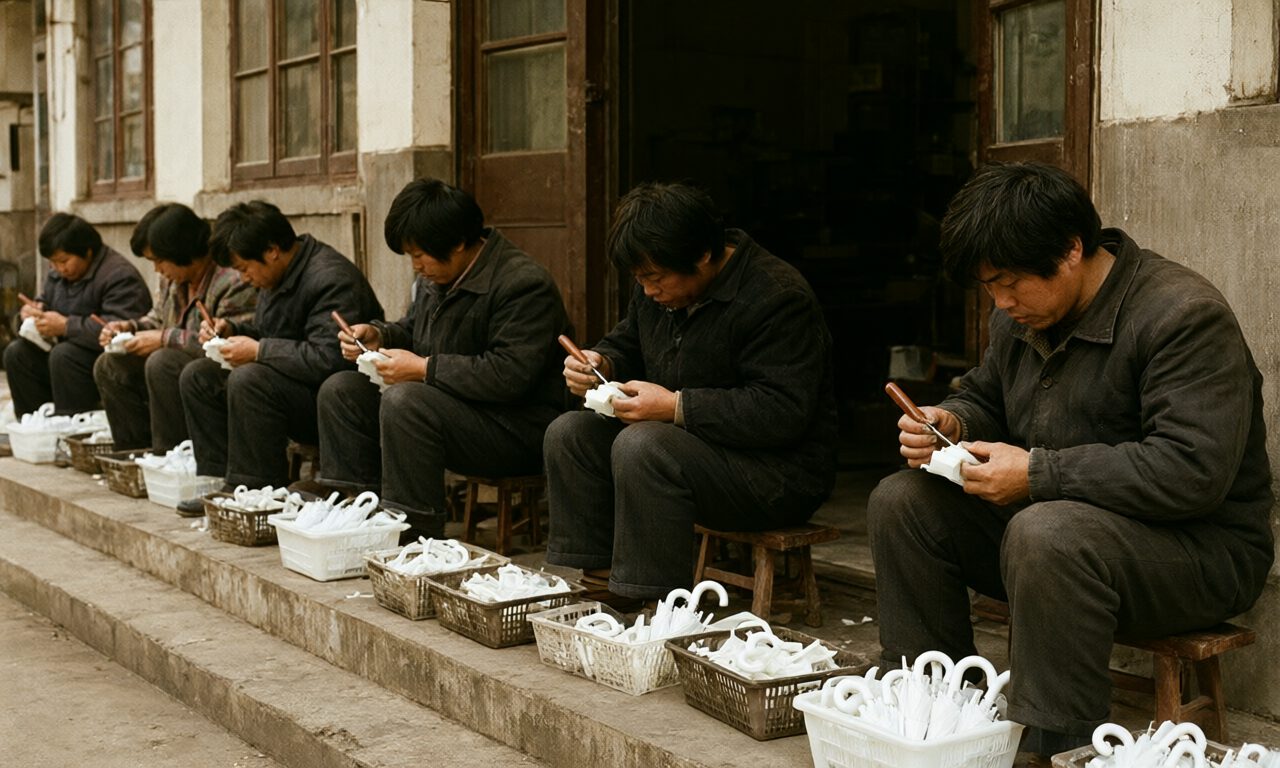 工人坐在厂门口用小刀削塑料件飞边