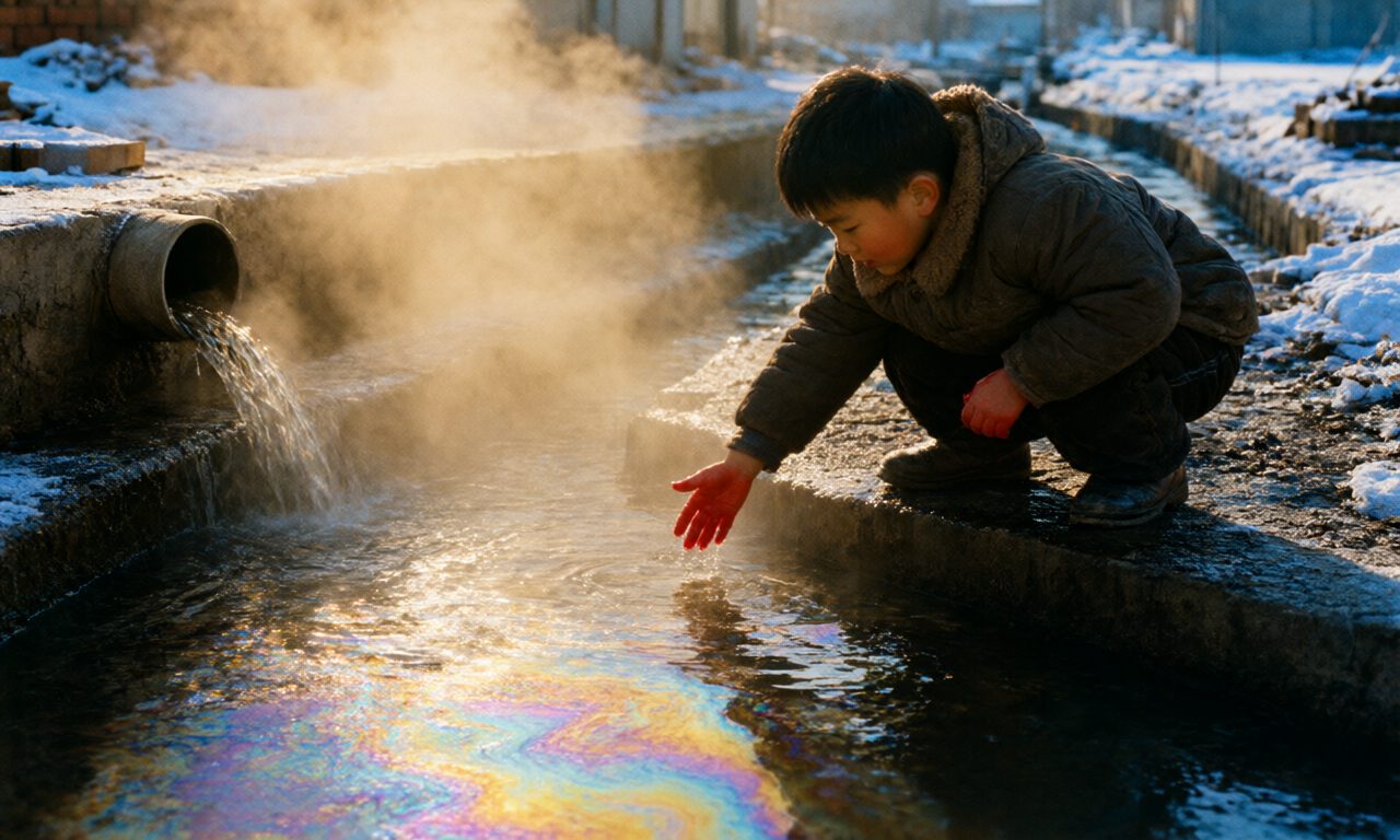 冬天清晨,孩子蹲在排水沟边伸手进温水